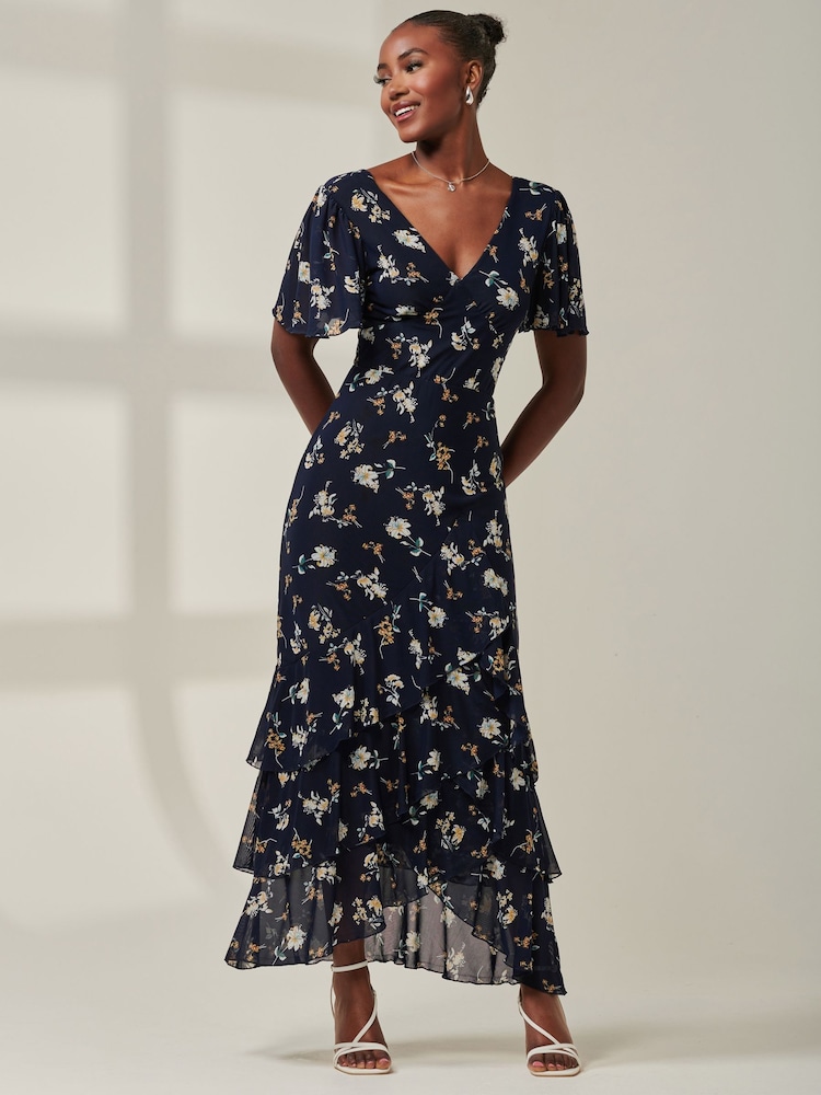 Jolie Moi Blue Angel Sleeve Tiered Hem Maxi Dress - Image 1 of 6