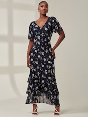 Jolie Moi Blue Angel Sleeve Tiered Hem Maxi Dress - Image 4 of 6