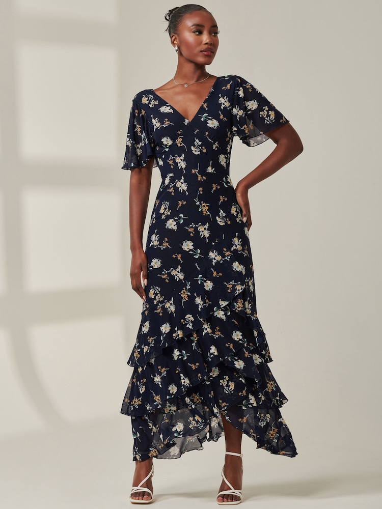 Jolie Moi Blue Angel Sleeve Tiered Hem Maxi Dress - Image 6 of 6