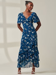 Jolie Moi Blue Angel Sleeve Tiered Hem Maxi Dress - Image 1 of 6