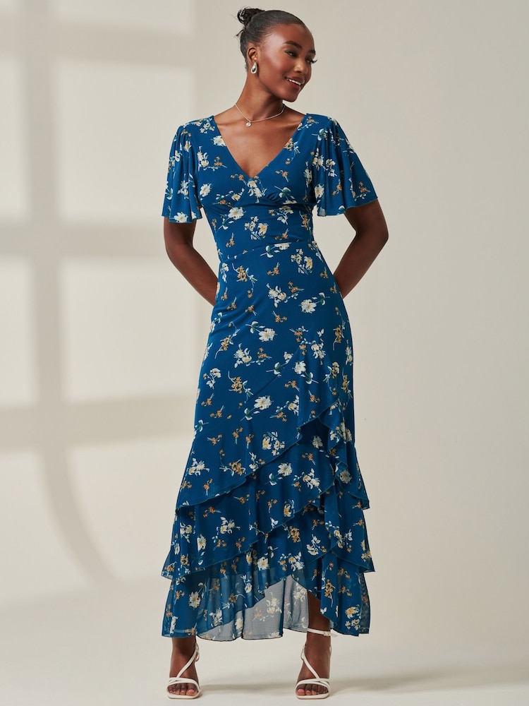 Jolie Moi Blue Angel Sleeve Tiered Hem Maxi Dress - Image 1 of 6