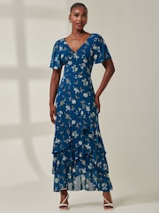 Jolie Moi Blue Angel Sleeve Tiered Hem Maxi Dress - Image 4 of 6