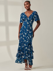 Jolie Moi Blue Angel Sleeve Tiered Hem Maxi Dress - Image 5 of 6