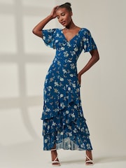 Jolie Moi Blue Angel Sleeve Tiered Hem Maxi Dress - Image 6 of 6