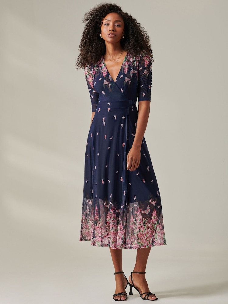 Jolie Moi Blue Stella Floral Print Wrap Mesh Maxi Dress - Image 1 of 5