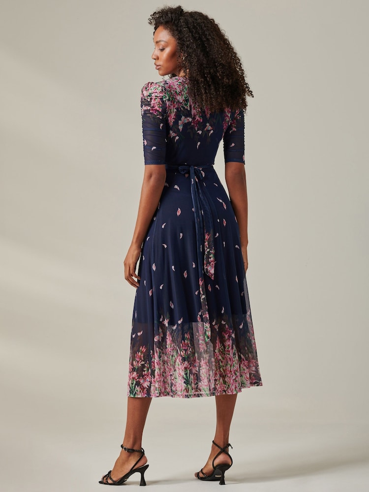 Jolie Moi Blue Stella Floral Print Wrap Mesh Maxi Dress - Image 2 of 5