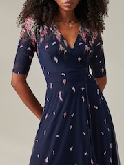 Jolie Moi Blue Stella Floral Print Wrap Mesh Maxi Dress - Image 3 of 5