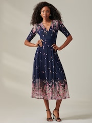Jolie Moi Blue Stella Floral Print Wrap Mesh Maxi Dress - Image 5 of 5