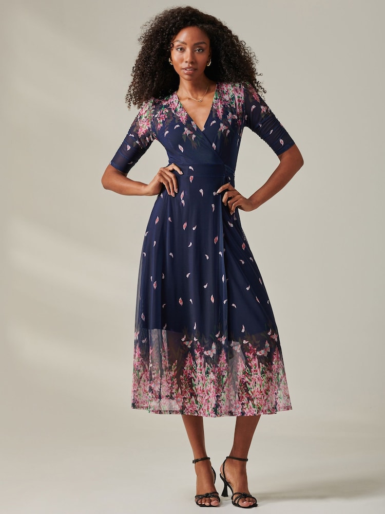 Jolie Moi Blue Stella Floral Print Wrap Mesh Maxi Dress - Image 5 of 5