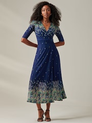 Jolie Moi Blue Stella Floral Print Wrap Mesh Maxi Dress - Image 1 of 6