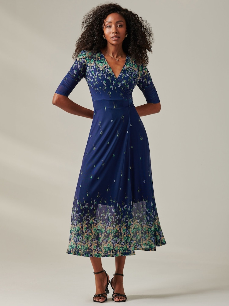 Jolie Moi Blue Stella Floral Print Wrap Mesh Maxi Dress - Image 1 of 6