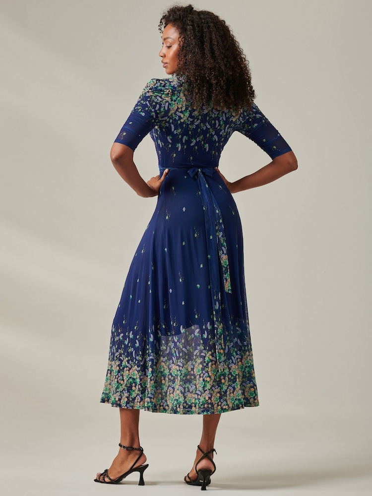 Jolie Moi Blue Stella Floral Print Wrap Mesh Maxi Dress - Image 2 of 6