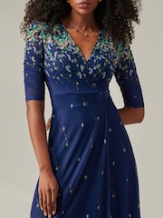 Jolie Moi Blue Stella Floral Print Wrap Mesh Maxi Dress - Image 3 of 6