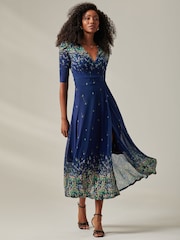 Jolie Moi Blue Stella Floral Print Wrap Mesh Maxi Dress - Image 4 of 6