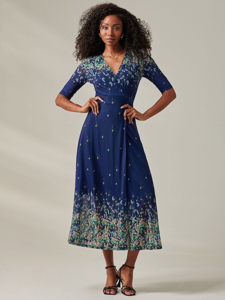 Jolie Moi Blue Stella Floral Print Wrap Mesh Maxi Dress - Image 6 of 6