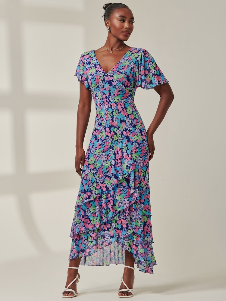 Jolie Moi Blue Floral Printed Tiered Maxi Dress - Image 1 of 6