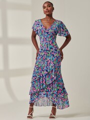 Jolie Moi Blue Floral Printed Tiered Maxi Dress - Image 5 of 6