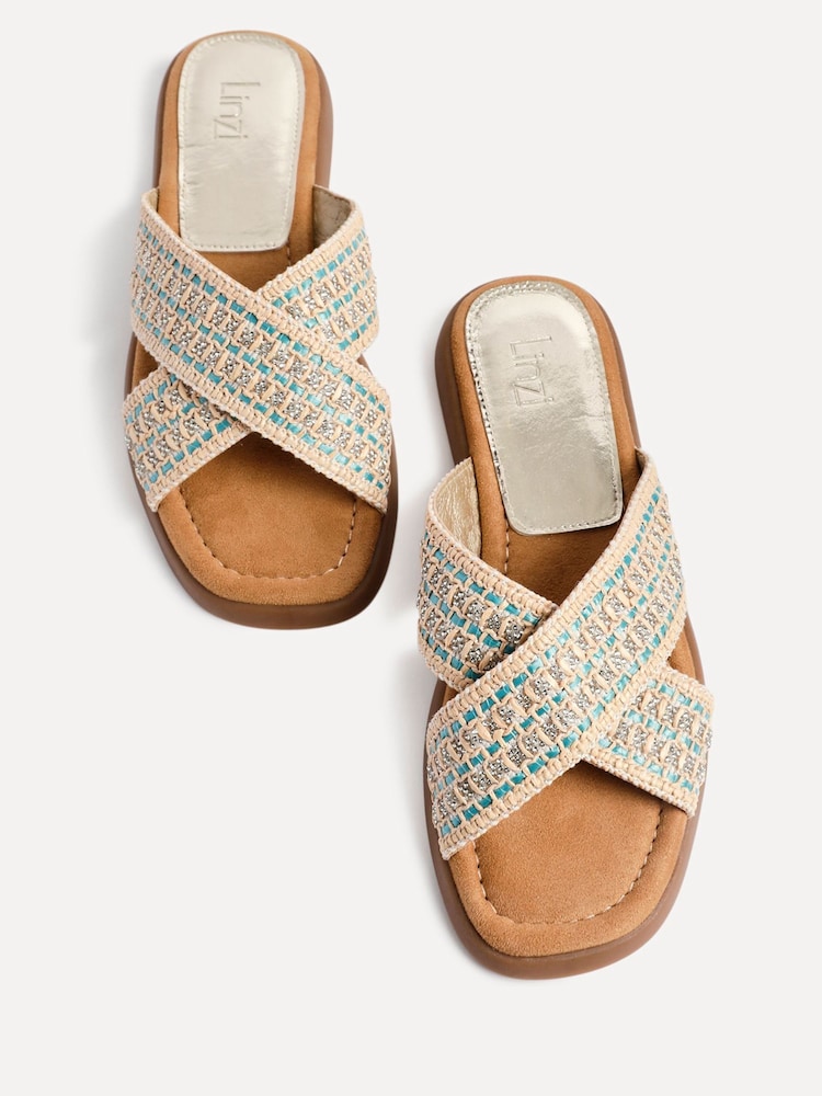 Linzi Blue Genie Embellished Raffia Sandals With Crossover Straps - Image 4 of 5