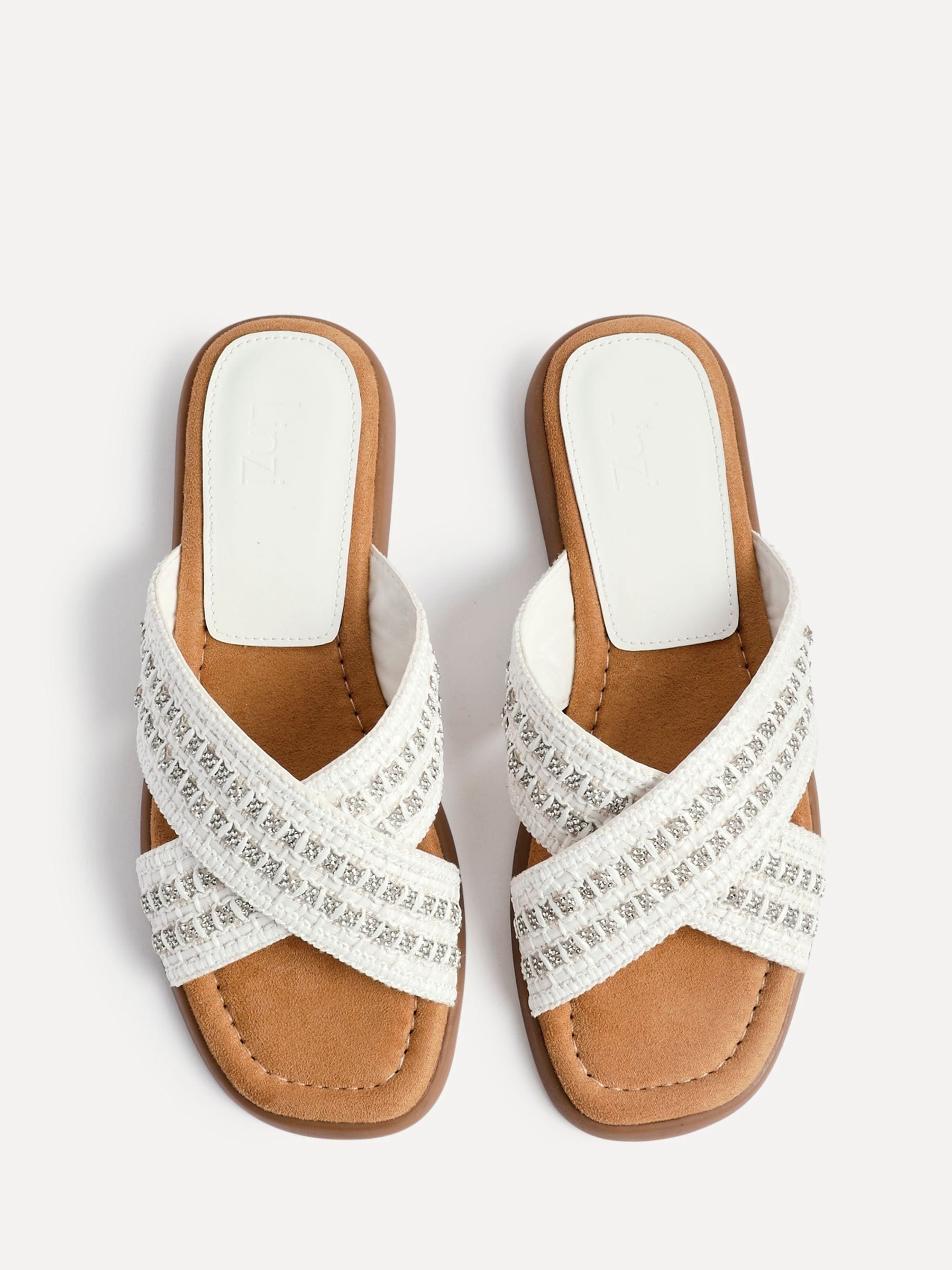 Buy Linzi White Genie Embellished Raffia Sandals With Crossover
