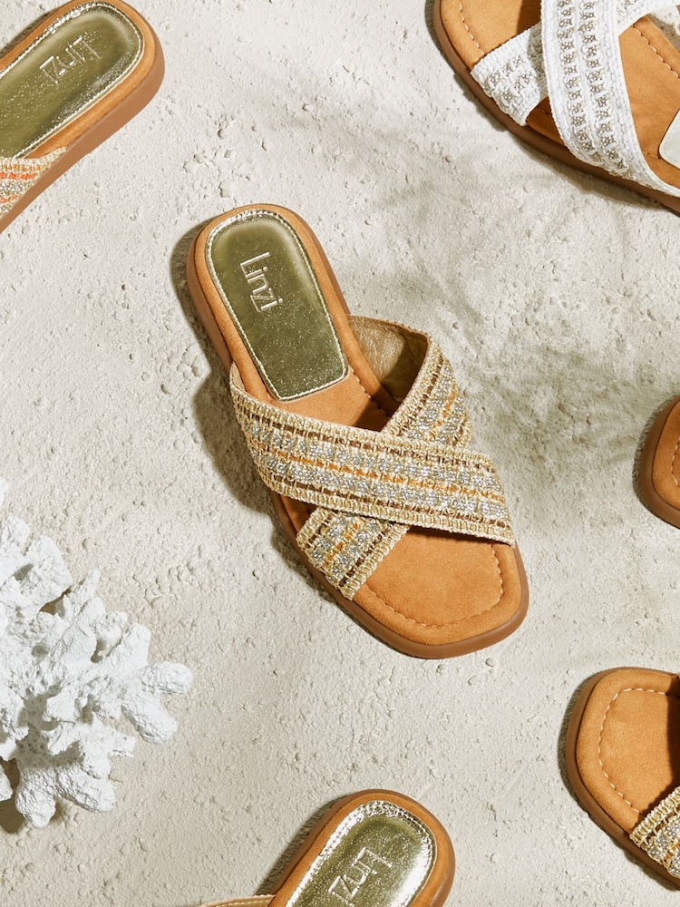 Linzi Gold Genie Embellished Raffia Sandals With Crossover Straps - Image 1 of 5 Linzi Gold Genie Embellished Raffia Sandals With Crossover Straps - Image 1 of 5