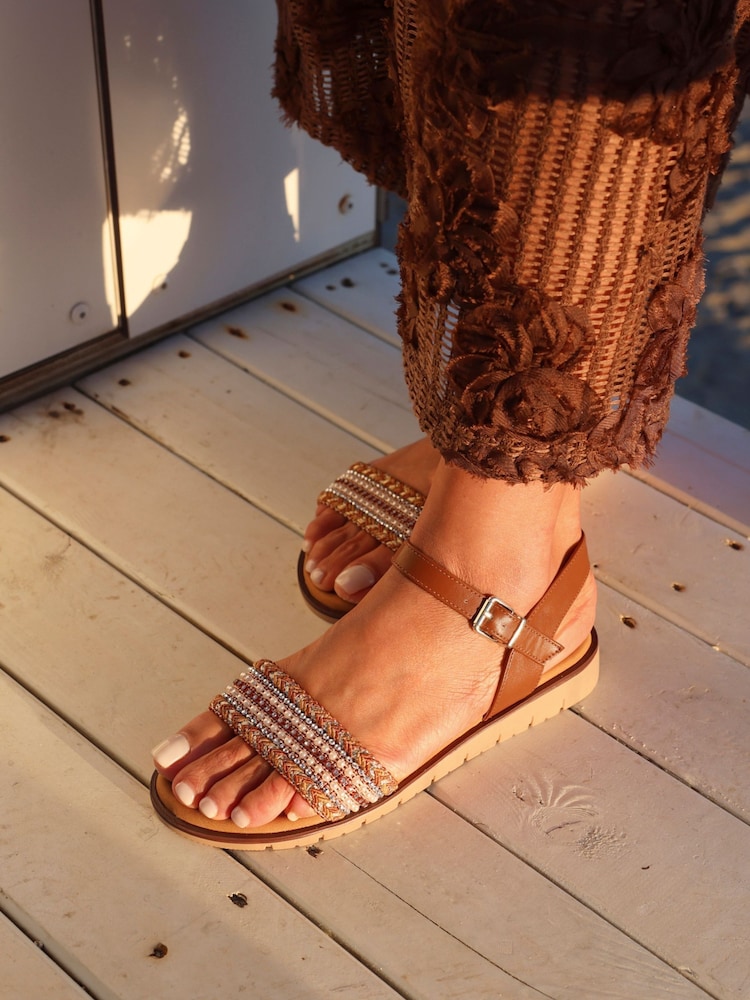 Linzi Brown Halo Embellished Front Strap Sandals - Image 1 of 5