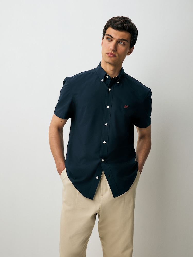 Navy Blue Slim Fit Cotton Oxford Short Sleeve Shirt - Image 1 of 8 Navy Blue Slim Fit Cotton Oxford Short Sleeve Shirt - Image 1 of 8