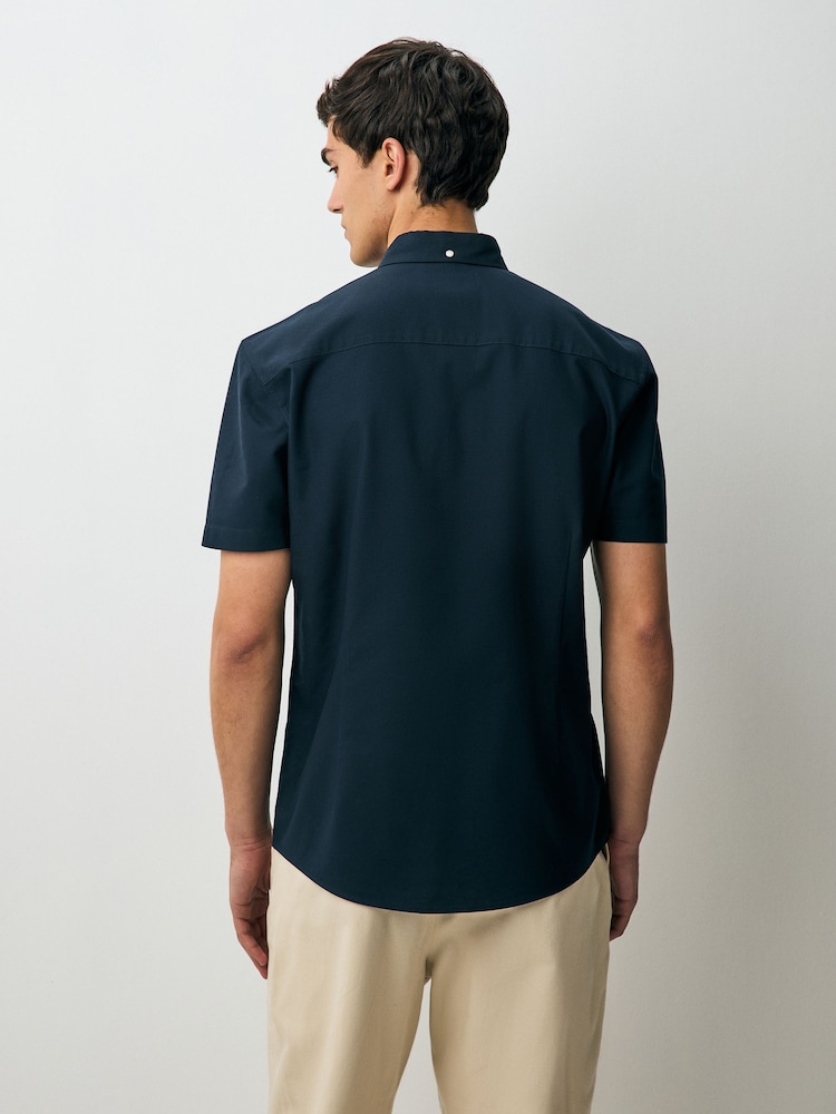 Navy Blue Slim Fit Cotton Oxford Short Sleeve Shirt - Image 2 of 8 Navy Blue Slim Fit Cotton Oxford Short Sleeve Shirt - Image 2 of 8