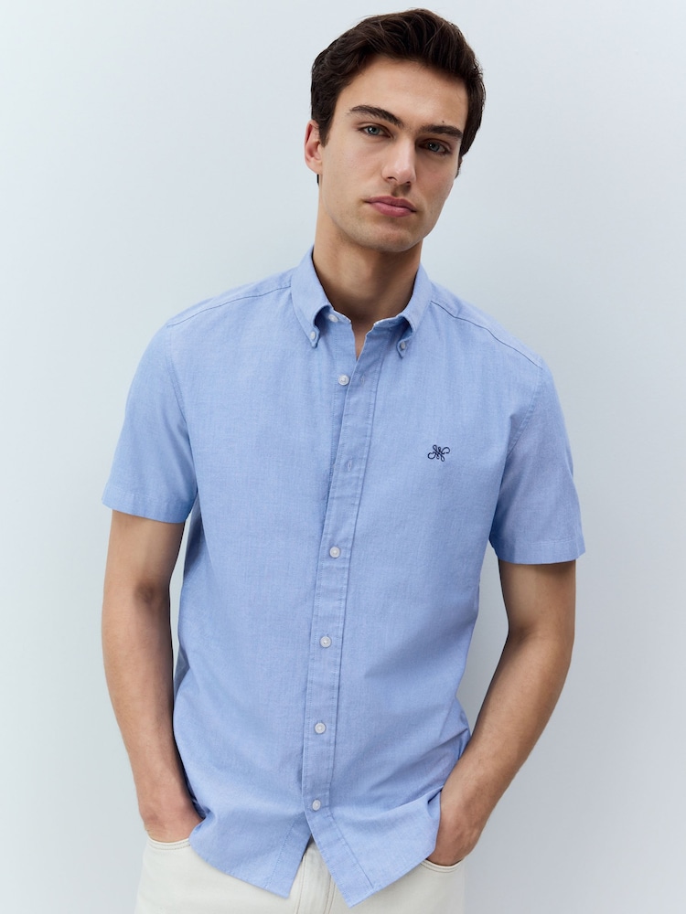 Light Blue Slim Fit 100% Organic Cotton Oxford Short Sleeve Shirt - Image 1 of 8