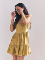 Ochre Yellow Embroidery Corset Waist Mini 100% Cotton Dress - Image 1 of 7