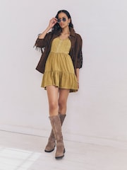 Ochre Yellow Embroidery Corset Waist Mini 100% Cotton Dress - Image 2 of 7