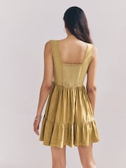 Ochre Yellow Embroidery Corset Waist Mini 100% Cotton Dress - Image 3 of 7