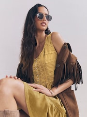Ochre Yellow Embroidery Corset Waist Mini 100% Cotton Dress - Image 4 of 7