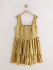 Ochre Yellow Embroidery Corset Waist Mini 100% Cotton Dress - Image 5 of 7