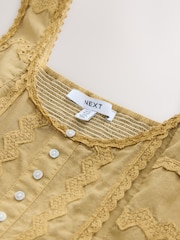 Ochre Yellow Embroidery Corset Waist Mini 100% Cotton Dress - Image 7 of 7