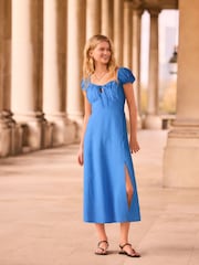Pastel Blue Puff Sleeve Midi Dress - Image 1 of 6