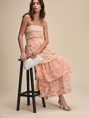 Pink Ditsy Floral Print Occasion Bandeau Tiered Maxi Dress - Image 1 of 7