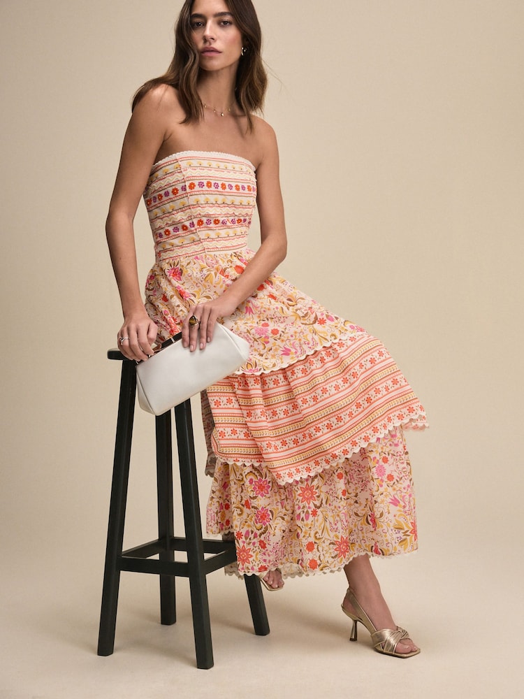 Pink Ditsy Floral Print Occasion Bandeau Tiered Maxi Dress - Image 1 of 7