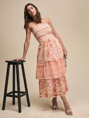 Pink Ditsy Floral Print Occasion Bandeau Tiered Maxi Dress - Image 2 of 7