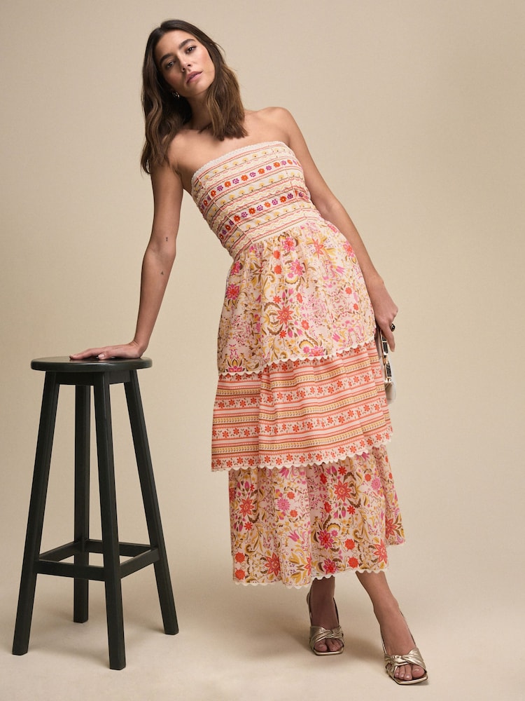 Pink Ditsy Floral Print Occasion Bandeau Tiered Maxi Dress - Image 2 of 7