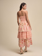 Pink Ditsy Floral Print Occasion Bandeau Tiered Maxi Dress - Image 3 of 7