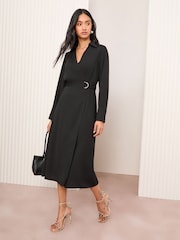 Friends Like These Black Long Sleeve Belted Wrap Tailored Dress - Image 1 of 5