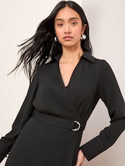 Friends Like These Black Long Sleeve Belted Wrap Tailored Dress - Image 2 of 5