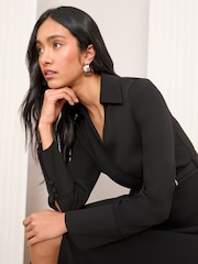 Friends Like These Black Long Sleeve Belted Wrap Tailored Dress - Image 4 of 5