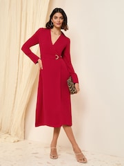 Friends Like These Red Long Sleeve Belted Wrap Tailored Dress - Image 1 of 4