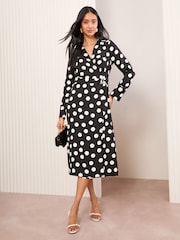 Friends Like These Monochrome Long Sleeve Belted Wrap Tailored Dress - Image 1 of 4