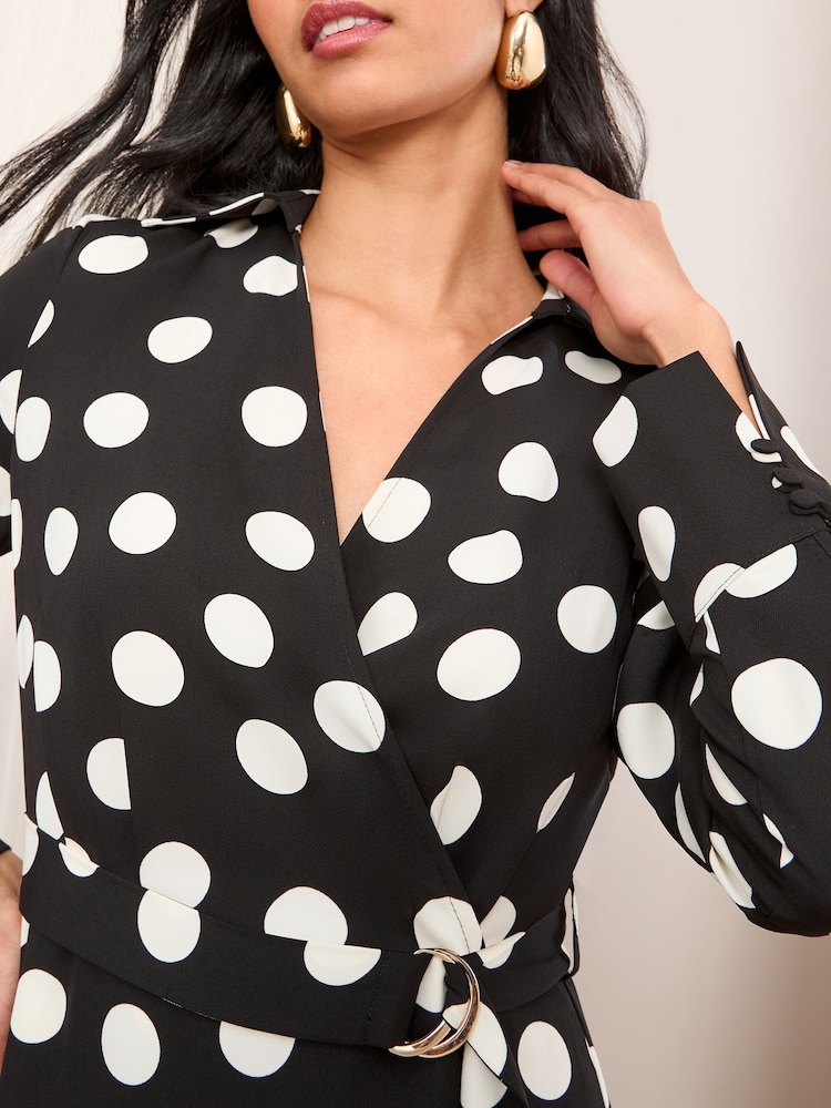 Friends Like These Monochrome Long Sleeve Belted Wrap Tailored Dress - Image 2 of 4 Friends Like These Monochrome Long Sleeve Belted Wrap Tailored Dress - Image 2 of 4