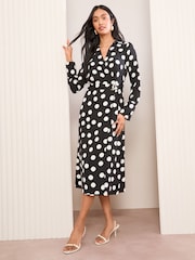 Friends Like These Monochrome Long Sleeve Belted Wrap Tailored Dress - Image 3 of 4