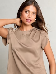 Lipsy Brown Petite Tulip Sleeve Round Neck Button Detail Satin Top - Image 2 of 4