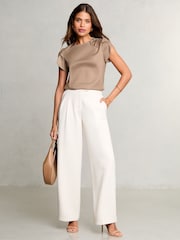 Lipsy Brown Petite Tulip Sleeve Round Neck Button Detail Satin Top - Image 3 of 4