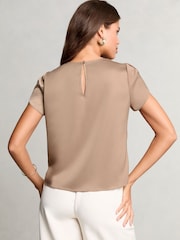 Lipsy Brown Petite Tulip Sleeve Round Neck Button Detail Satin Top - Image 4 of 4